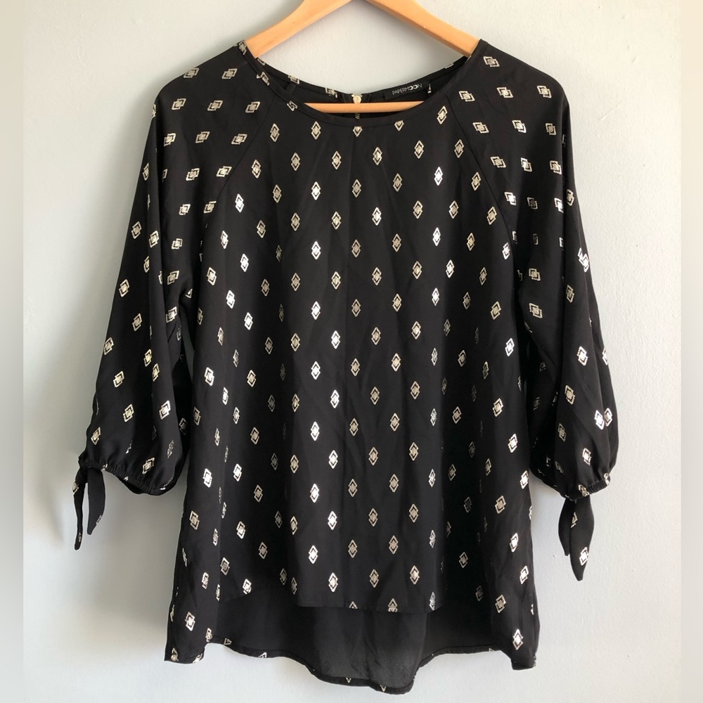 Papermoon Black & Silver Metallic 3/4 tie sleeves Lightweight Blouse
